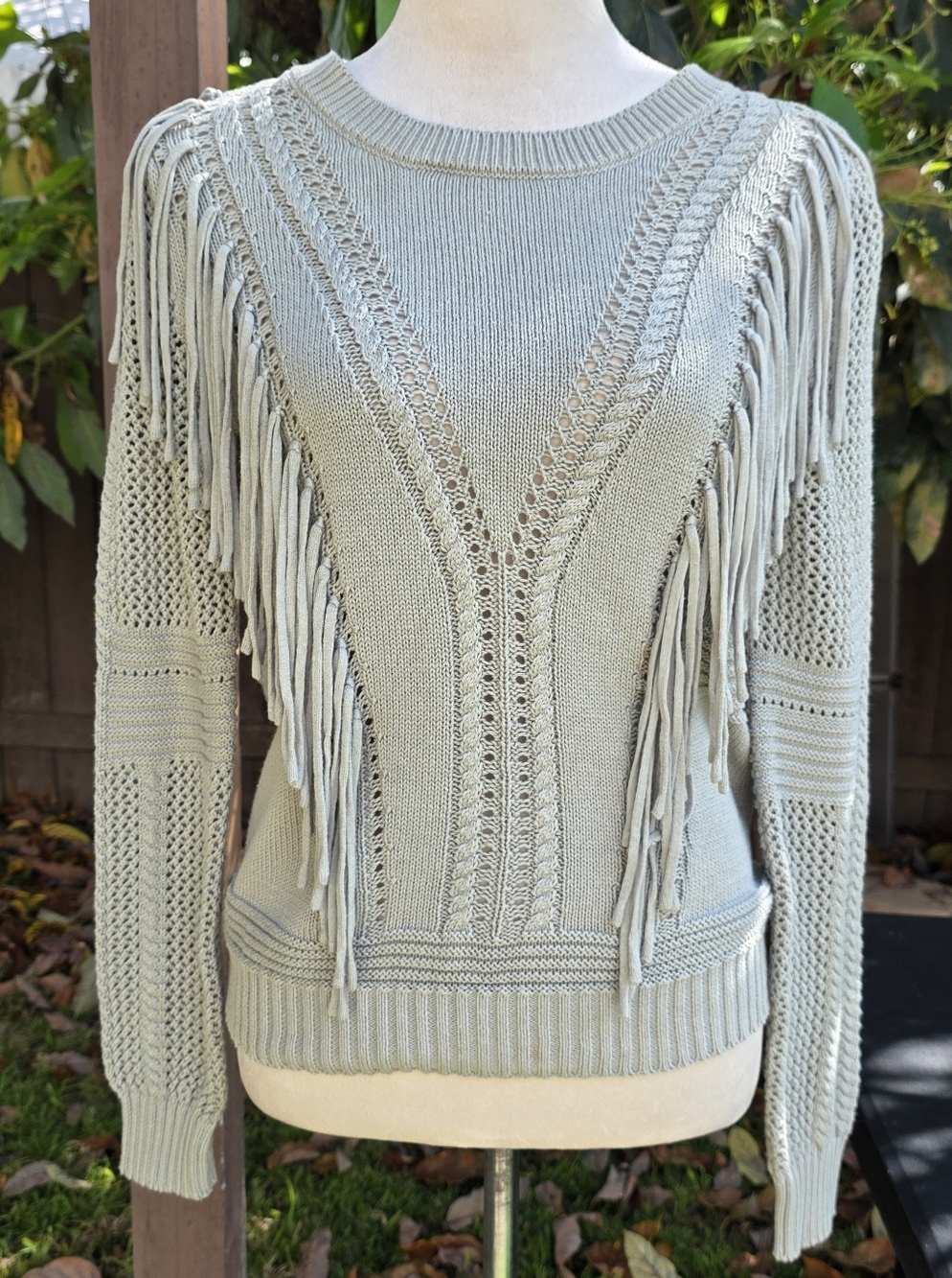 Fringe Cable-Knit Sweater - Light Sage Size Small